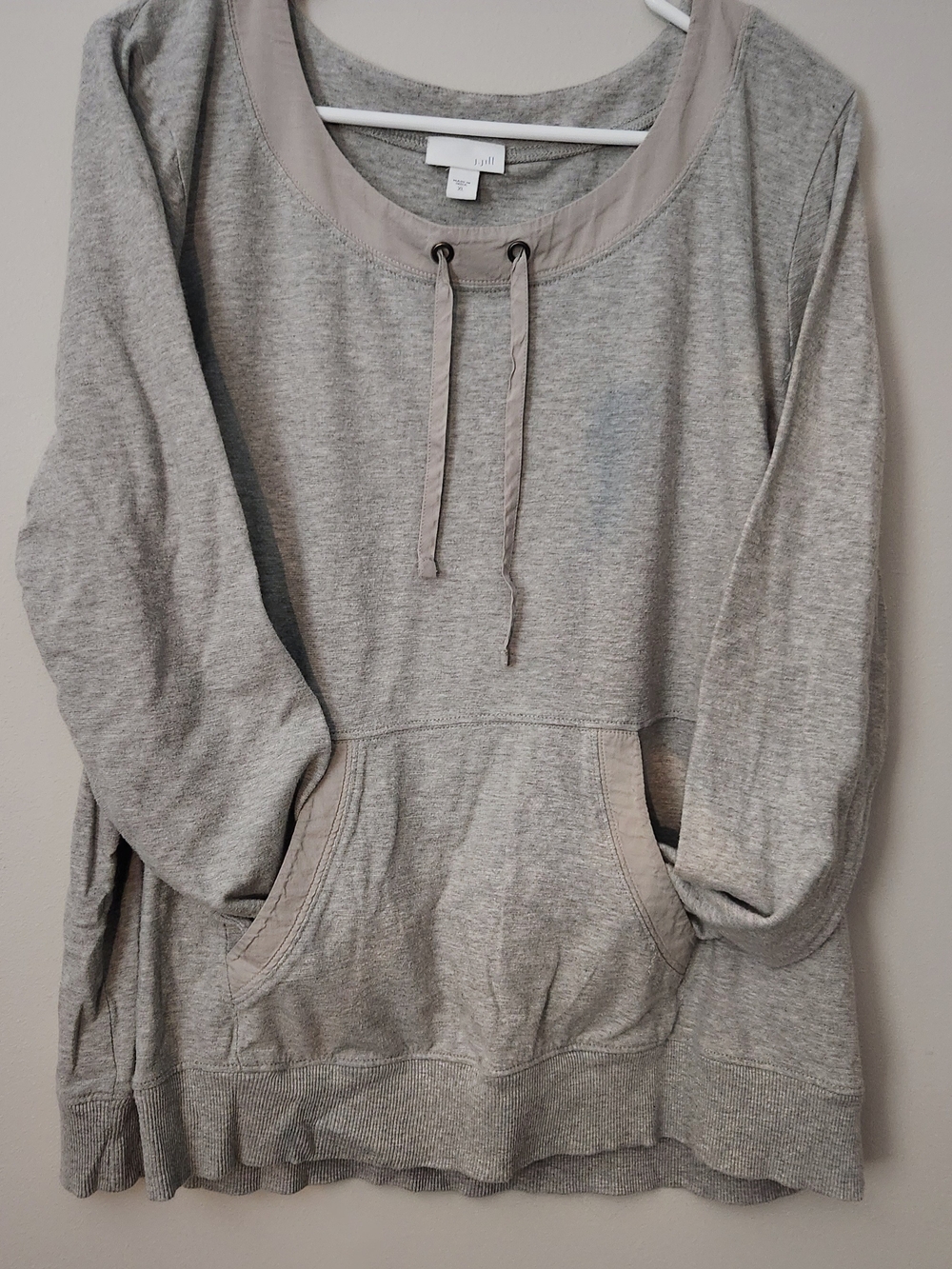 J.jill Gray Long Sleeve Scoop Neck Pullover Sweatshirt Kangaroo Pocket,Womens XL